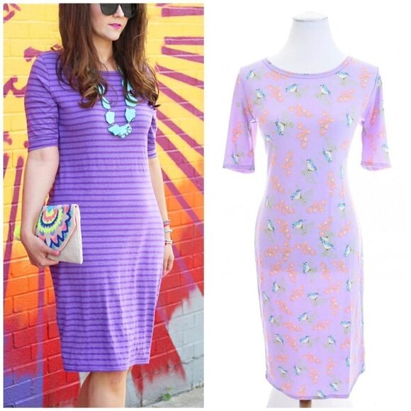 NWT LulaRoe Julia Purple Blue Bird Print Sheath Bodycon Dress Unicorn NEW Sz M - Picture 1 of 11